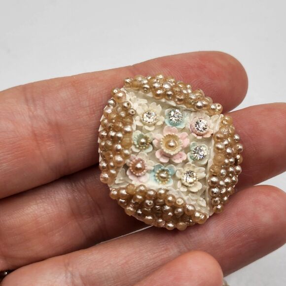 Vtg 50's Faux Pearl Rhinestone Earrings Clip On Pink Flower Beautiful Wedding - Picture 2 of 4